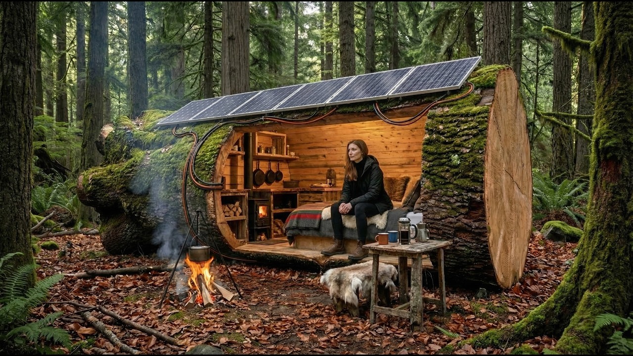 This woman built a tiny house inside a tree trunk all by herself (ASMR)