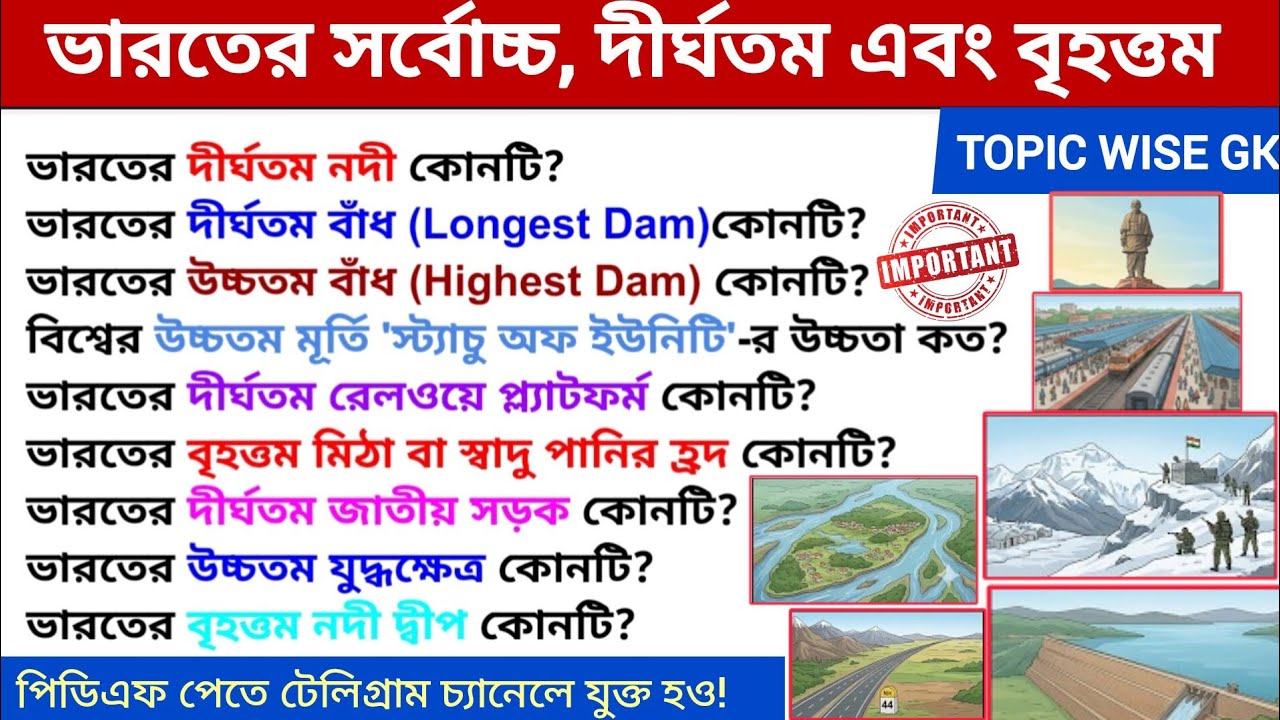 India's Highest, Longest, Largest | ভারতের সর্বোচ্চ, দীর্ঘতম ও বৃহত্তম | Static GK MCQ in Bengali