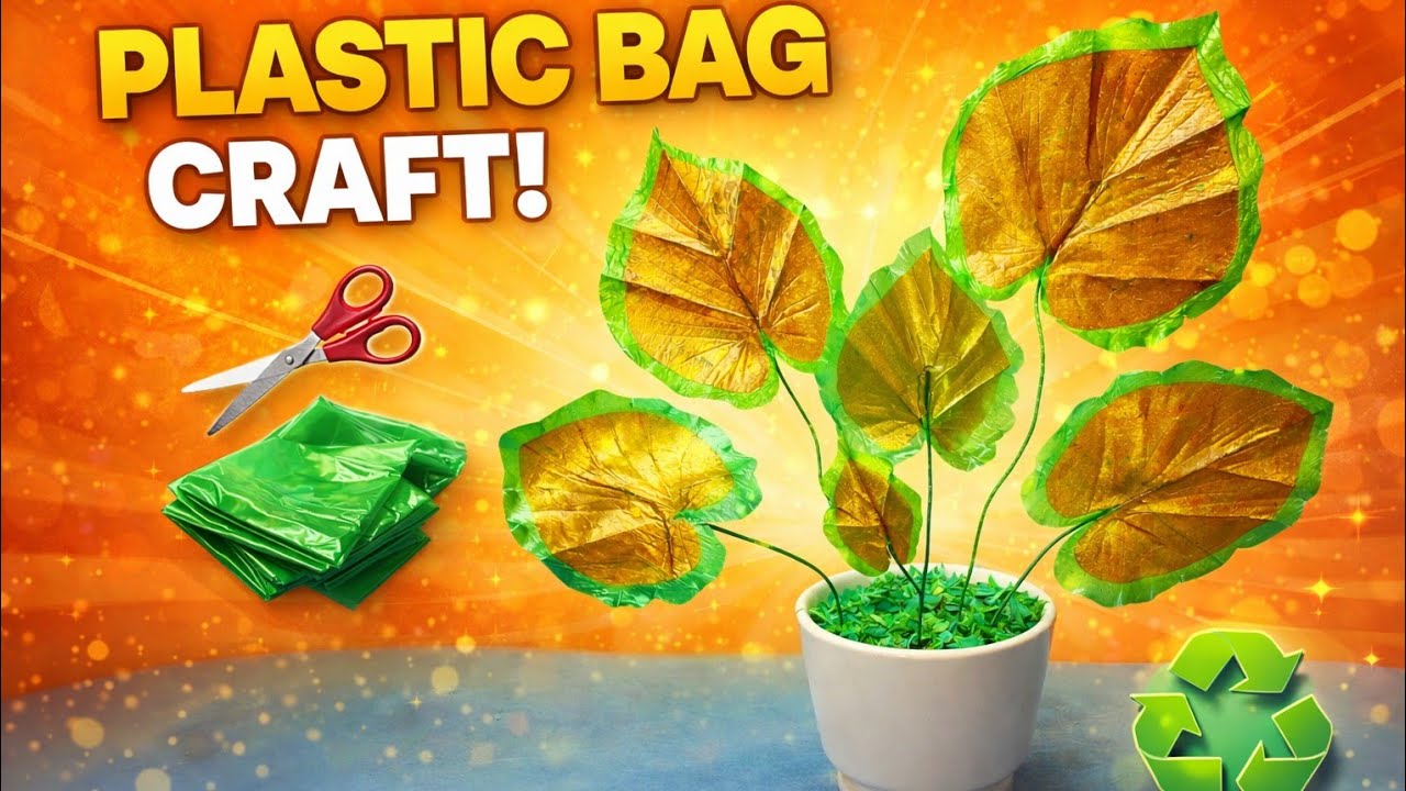 Diy|| Golden Leaf Flower Pot Making at Home| Recycling Plastic beg Craft| DIY Home Decoration||@