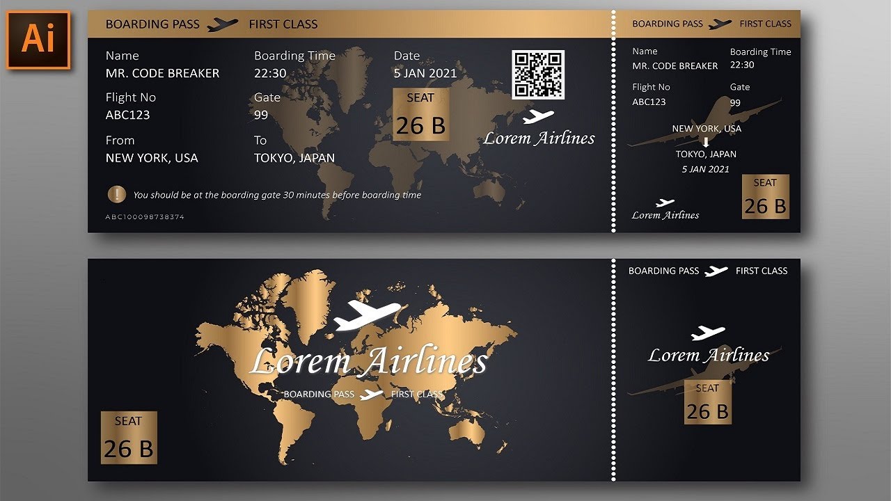 Create Boarding Pass Airlines Ticket Disign with Golden Luxury Style | Adobe Illustrator