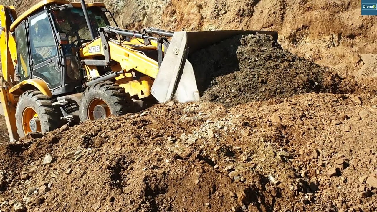 Pushing Dirt off Hill-Jcb Backhoe Heavy Leveling Hilly Road Work