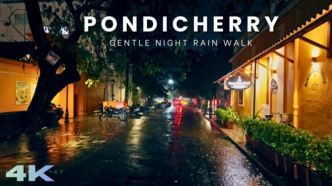 [ 4K ] Walking in the Rain: Pondicherry White Town at Night | Relaxing ASMR Rain Sounds