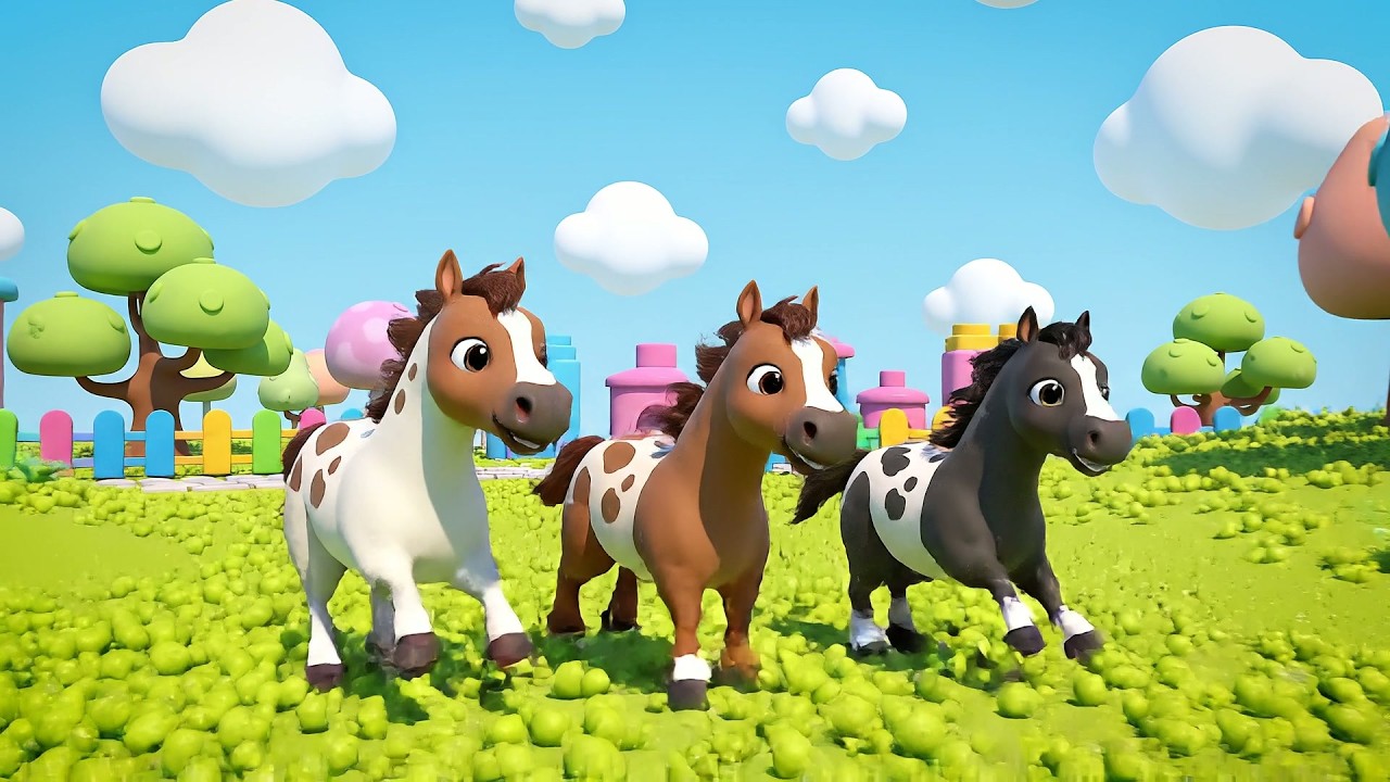 Tres Pequeños Caballos de Juguete Galopan | Canción de Granja y Movimiento para Niños