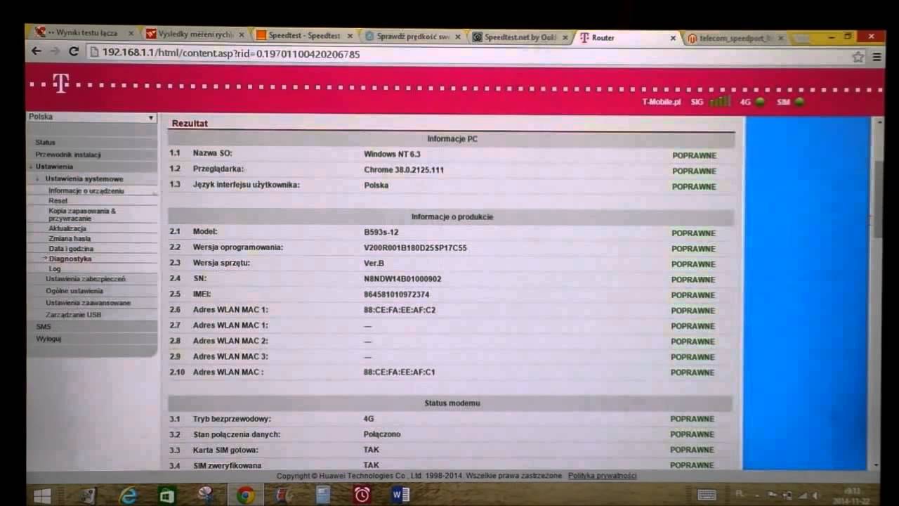 Router HUAWEI B593 LTE Menu konfiguracyjne