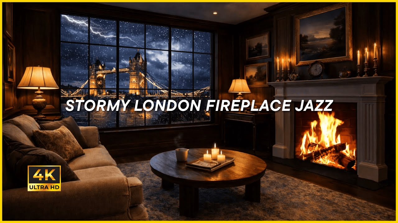 STORMY LONDON FIREPLACE JAZZ (4K) | Tower Bridge Night Ambience for Relax, Focus & Sleep