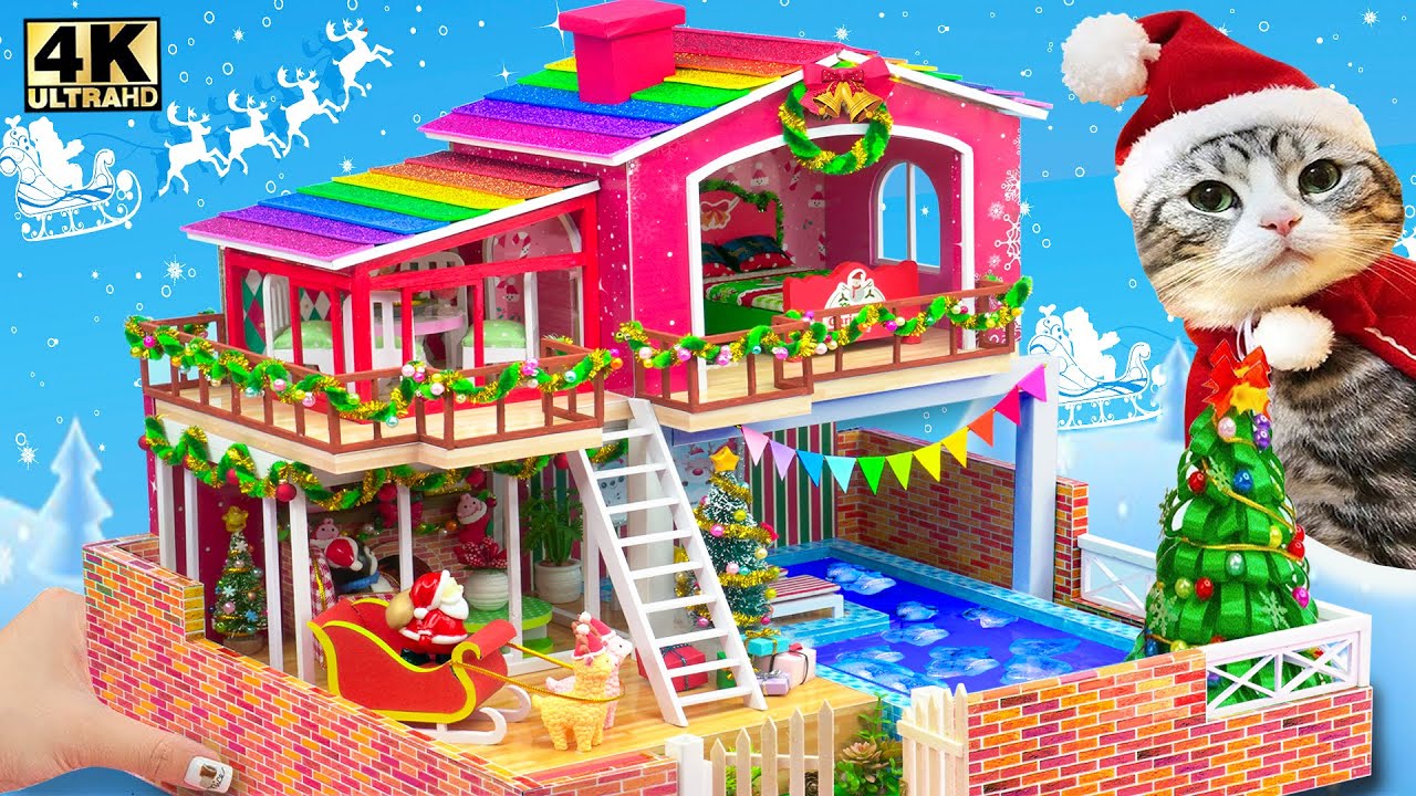 Build Two Story Christmas Villa with Huge Ice Swimming Pool from Cardboard | DIY Miniature House #54