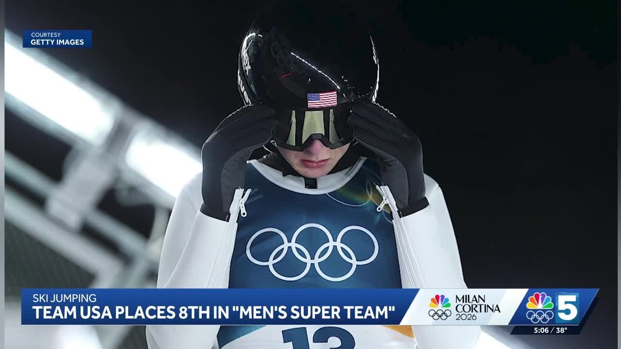 Lake Placid native Tate Frantz competes in Men's Super Team ski jump competition
