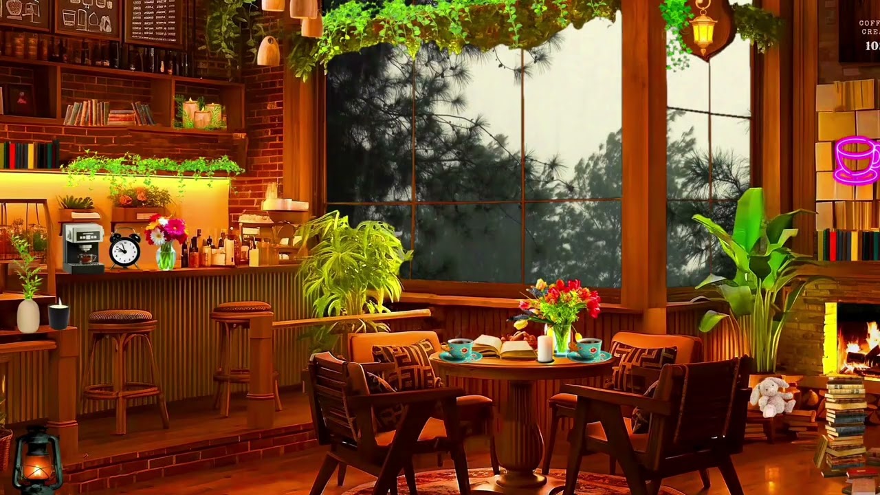 4K Cozy Rainy Cafe Ambiance,Fireplace,Coffee Shop & Rain Sounds 