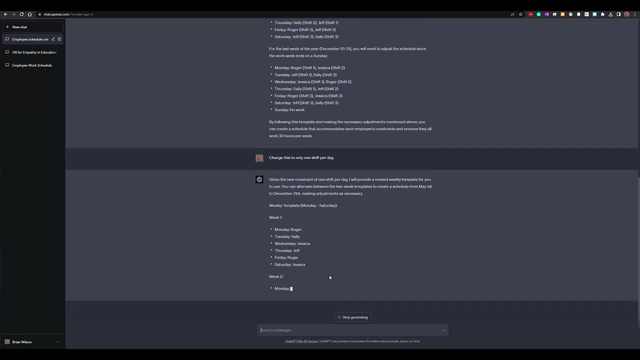 Using Chat GPT 4 to create schedules