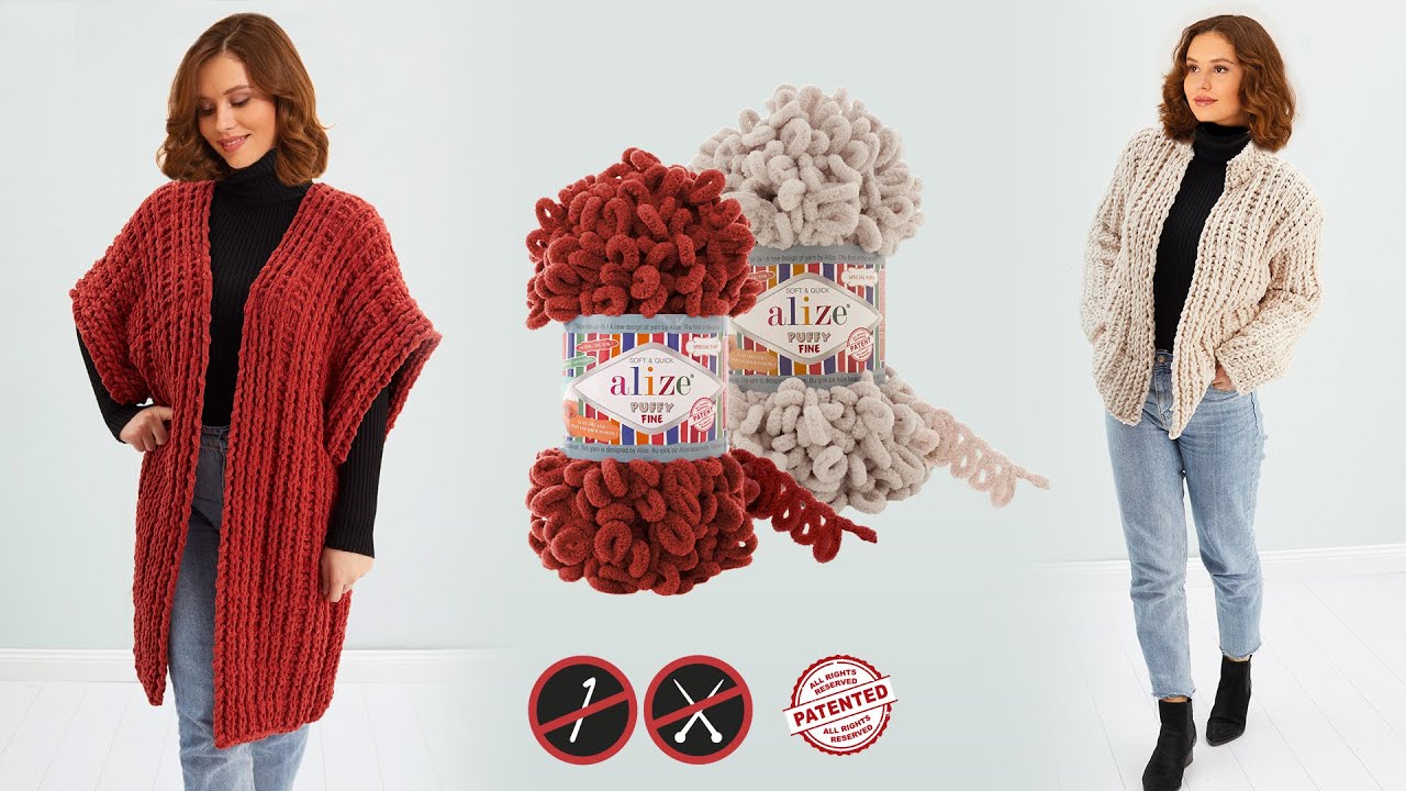 Alize Puffy Fine ile Şişsiz-Tığsız Hırka Yapımı • No Needles No Hooks Cardigan • Вязание Кардигана