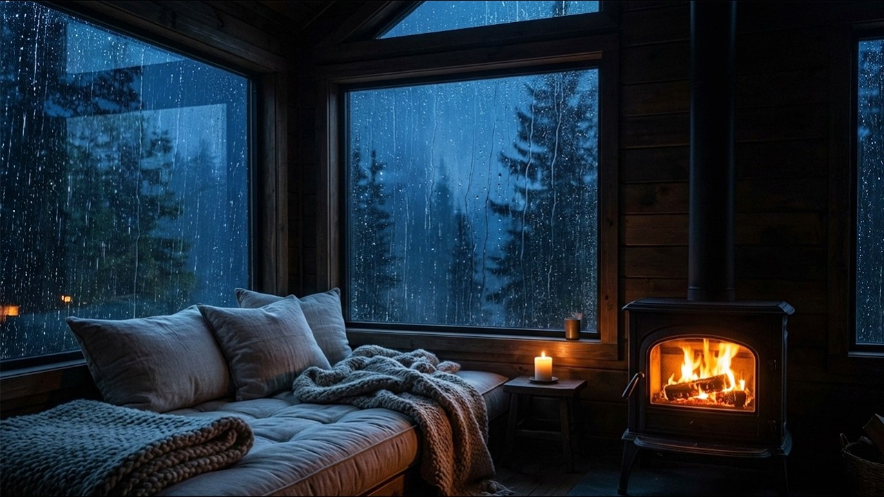 NIGHT RAIN SOUND AMBIENCE & WARM CABIN FIREPLACE–CALM RELAXATION FOR DEEP SLEEP WITHOUT DISTURBANCE