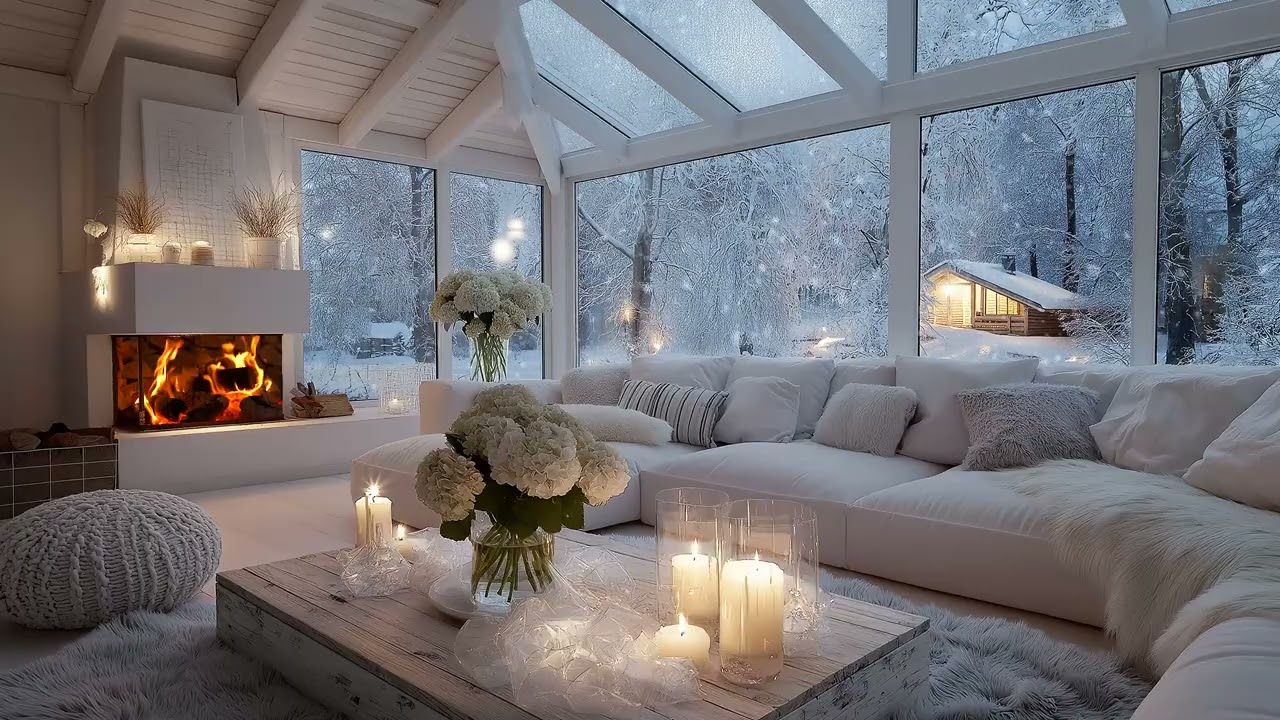 🎹 Warm Fireplace Piano Winter | Cozy White Room & Snowfall for 5 Hours | Anxiety Relief Study Relax