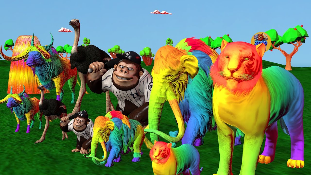 Long Slide Game With Elephant Gorilla Buffalo Hippopotamus Tiger - 3d Animal Game - Funny 3d Animals