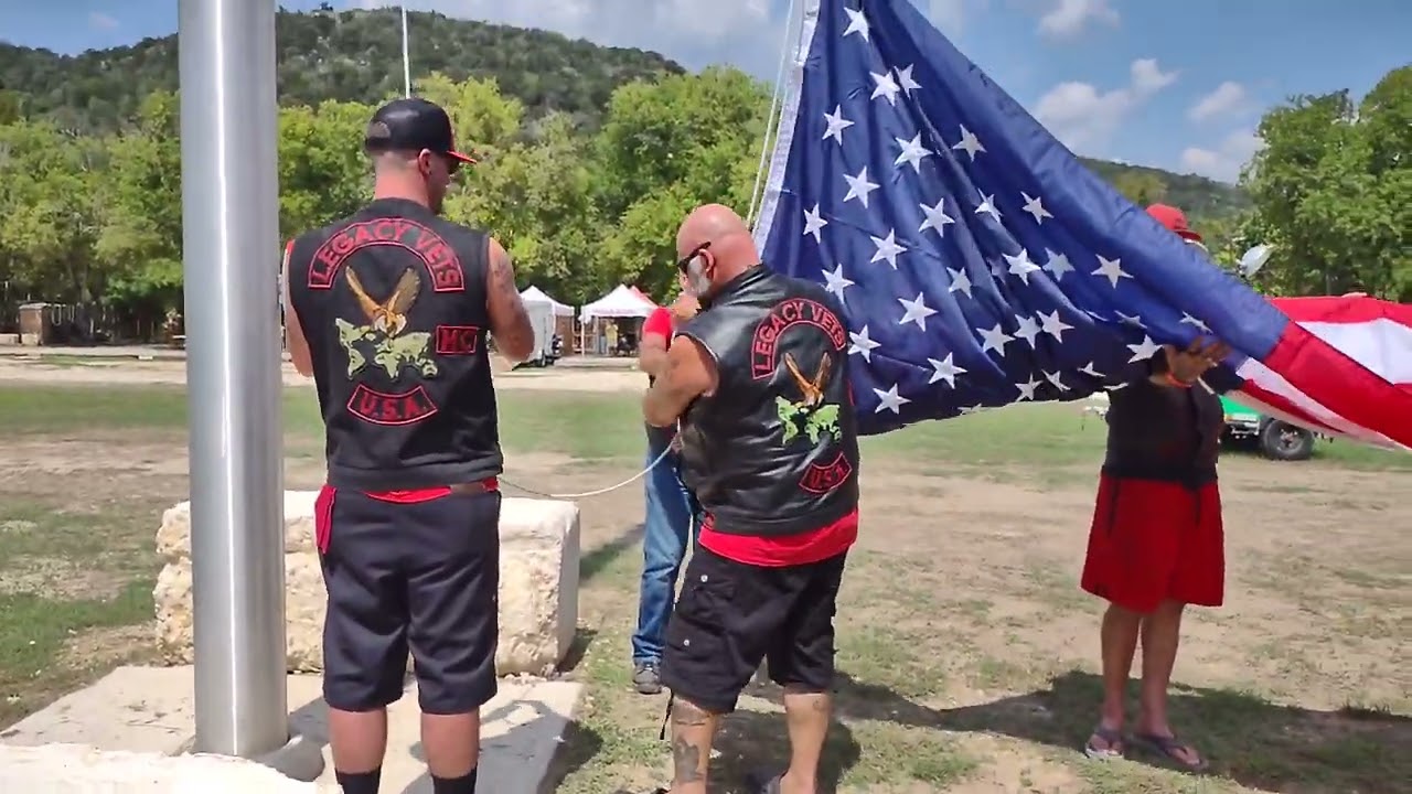 Raising a New US Flag and Setting It to Half Staff by Viet Nam Vets Legacy Vets MC - Uno Rios Rally