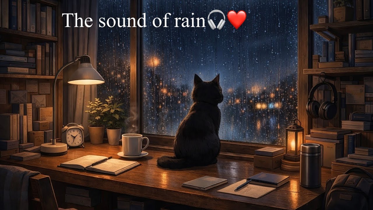 Rainy Night Lofi 🌧 Cozy Room with a Black Cat