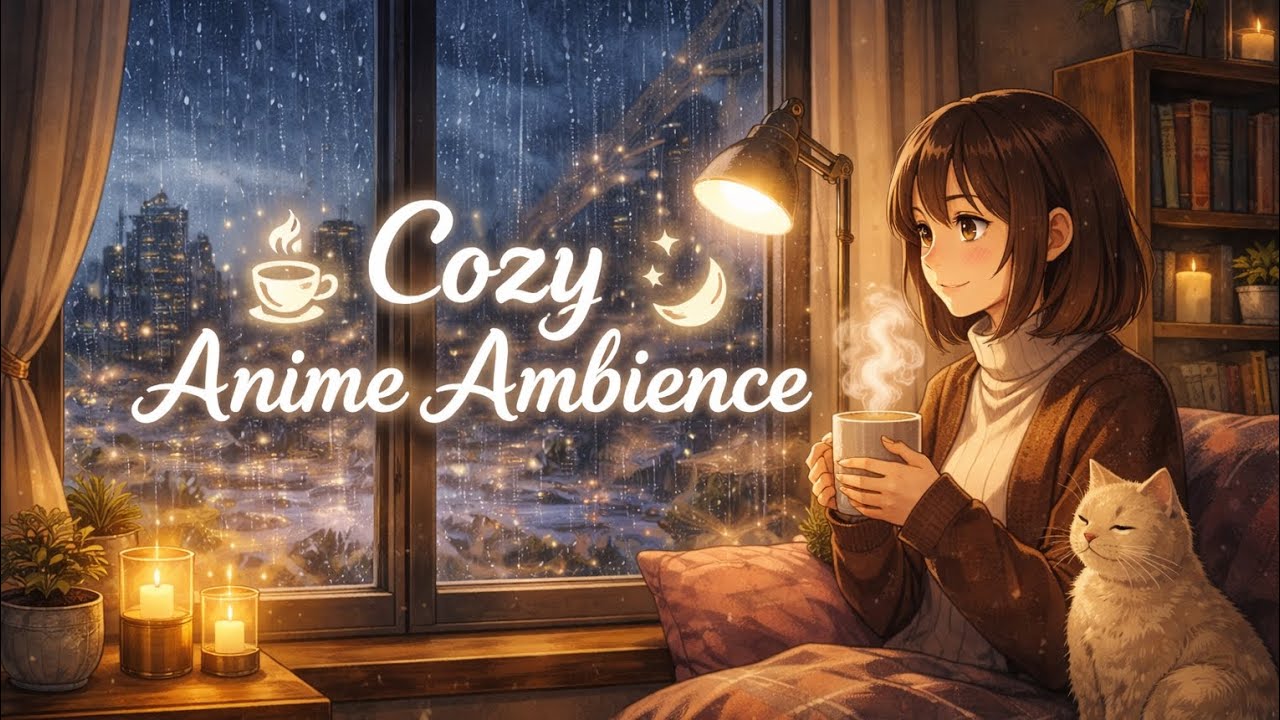 Cozy Anime Room🌧️Tea, Cat & Rain| Relax, Study&Sleep استرخاء استمتاع بصوت الشتاء للنوم بعمق 60:00min