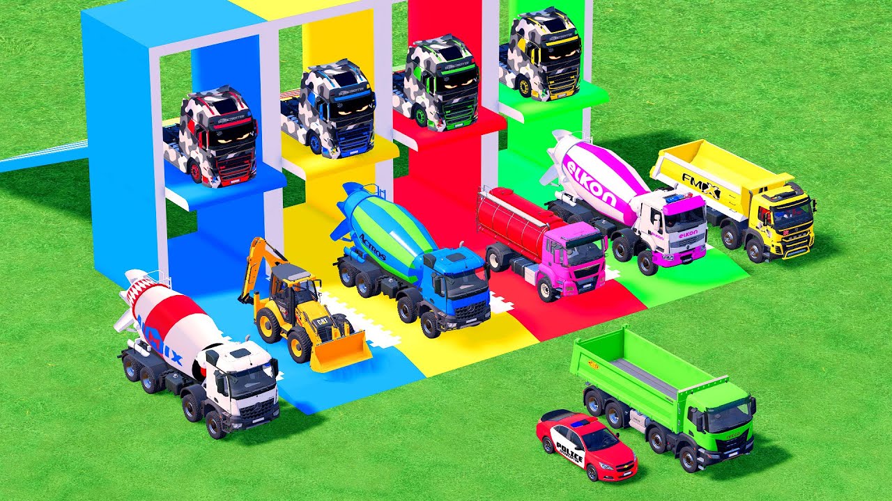 Garage with Colors - ALL MIXER TRUCK WITH DOUBLE FLATBED TRAILER TRUCK, SCANIA, MACK #10 - FS22