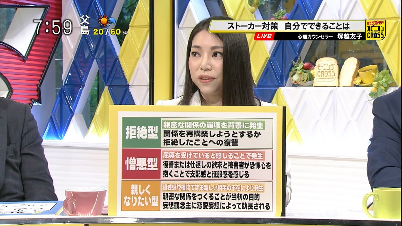 塚越友子「ストーカー心理と予防法」 ストーカー化するのはどんな人？ 自分でできる対策は？～アイドル刺傷事件 [モーニングCROSS]