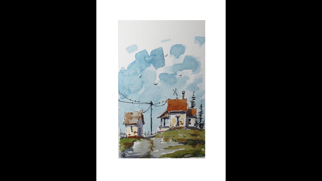 How to Draw and paint Simple Scene Line and Wash Watercolor For Beginners
