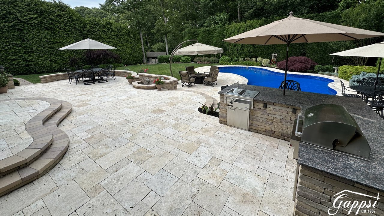 Free Formed Vinyl Pool and Travertine Patio Installation in Smithtown Video