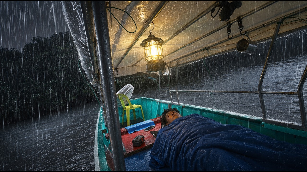 CAMPING IN HEAVY RAIN FALL WARNENG, SATISFYING SOUND OF RAIN HITTING MY BOAT TARP
