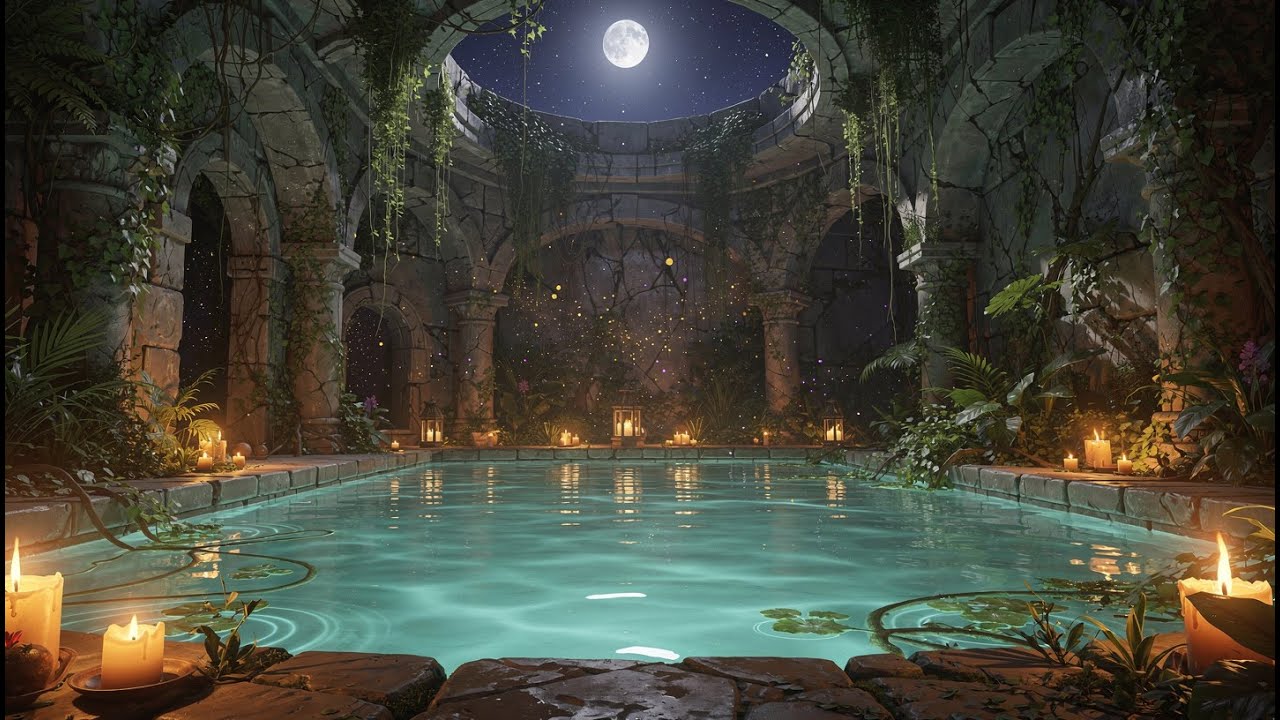 🌙 Moonlit Bathhouse in Ancient Ruins | Fantasy Ambience for Reading & Relaxing | 5 Hours