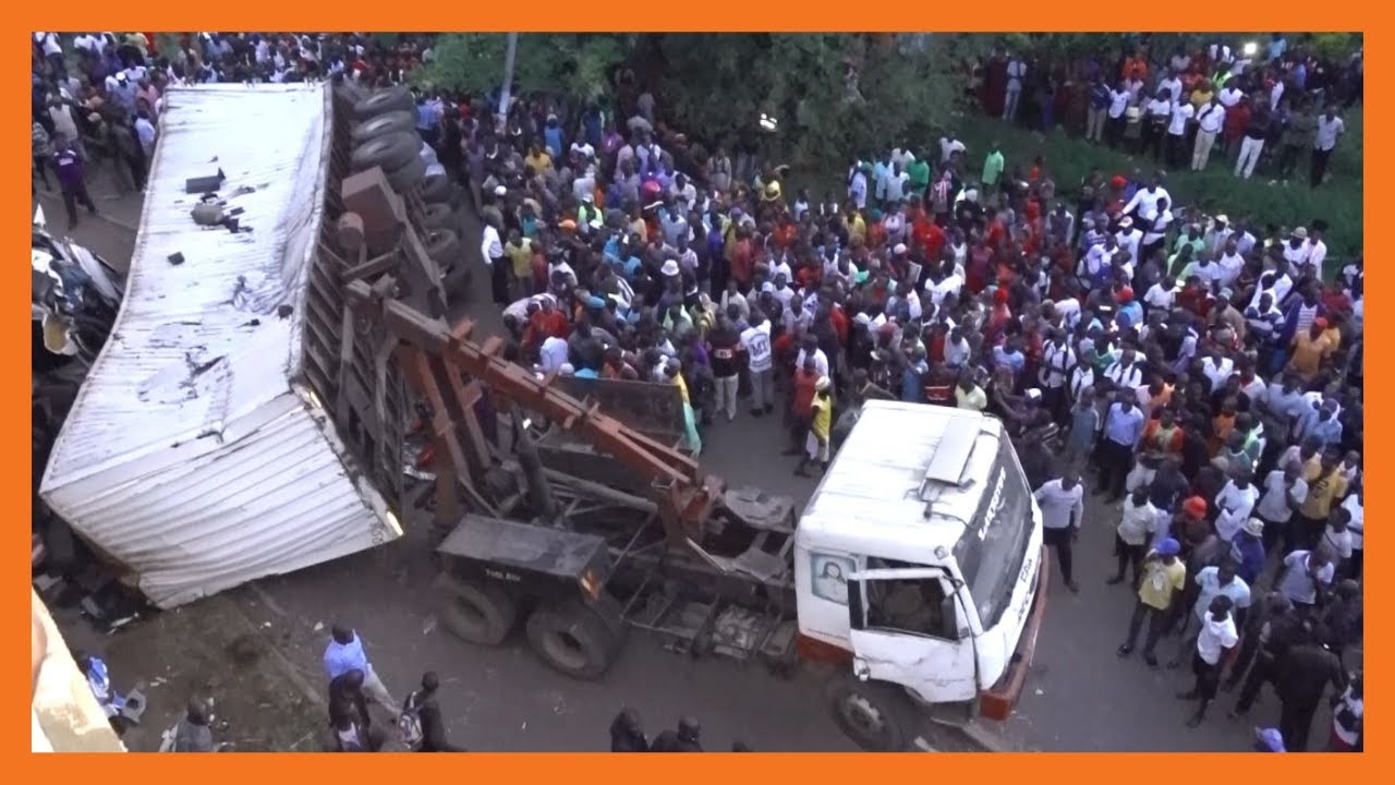 Three people killed as lorry transporting gumboots falls from flyover in Kisumu