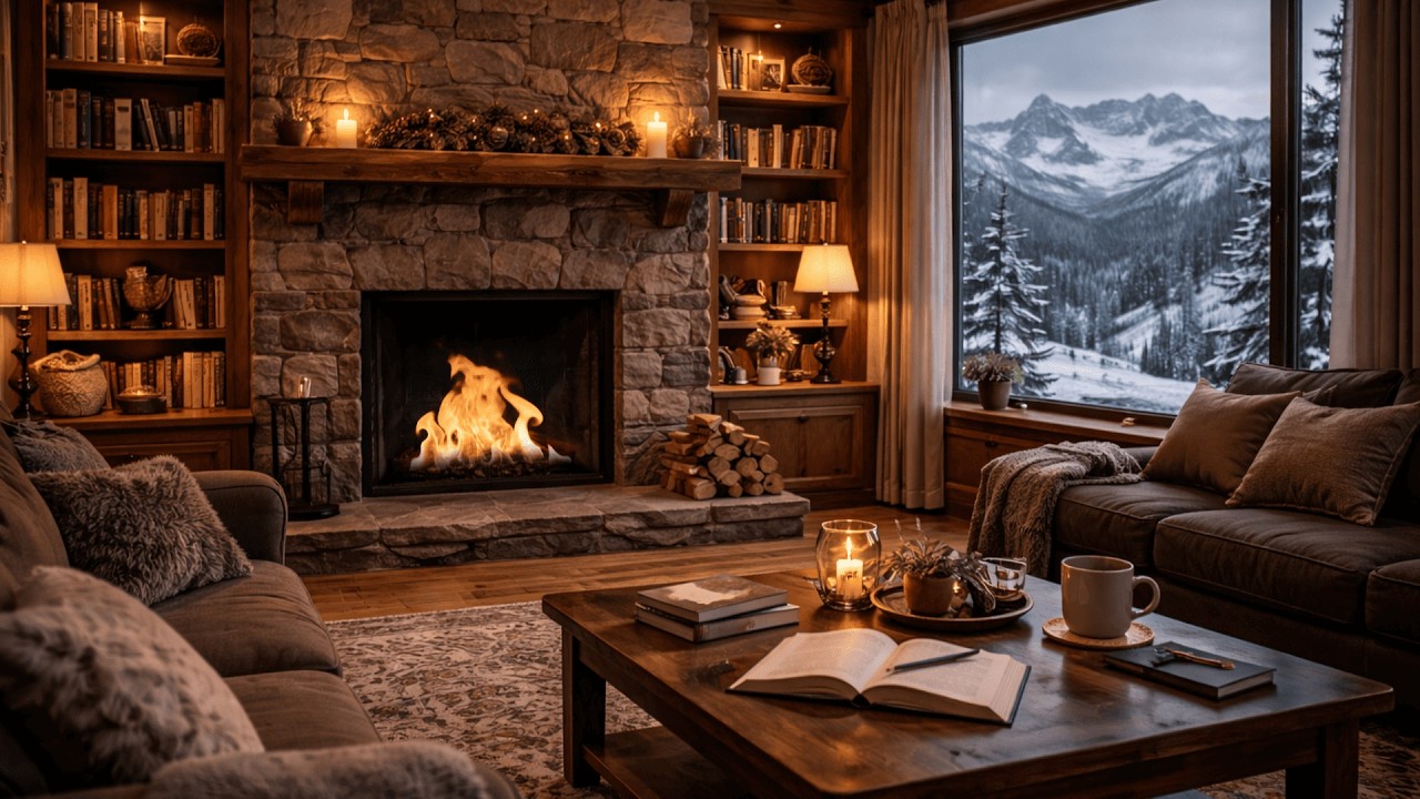 Cozy Mountain Cabin Fireplace – Relaxing Winter Ambience for Study, Reading & Sleep