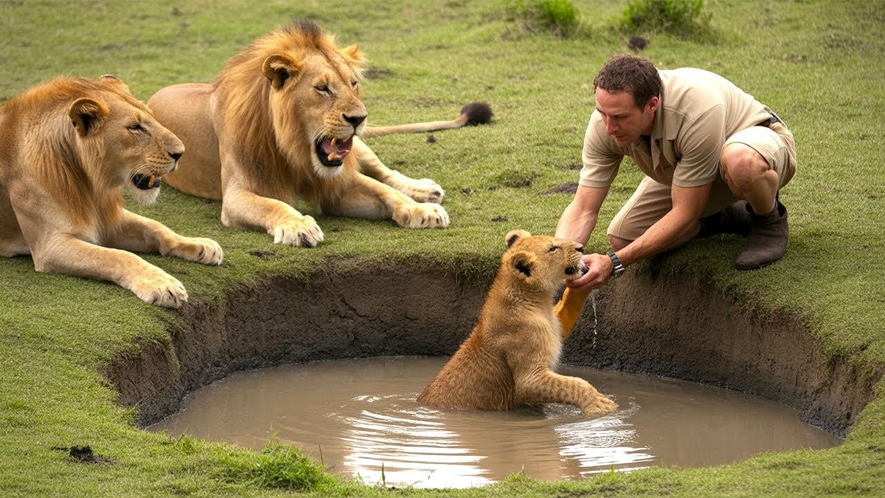 Lion and Lioness Plead with Heroic Rescuer to Help Their Trapped Cub in a Muddy Pit!