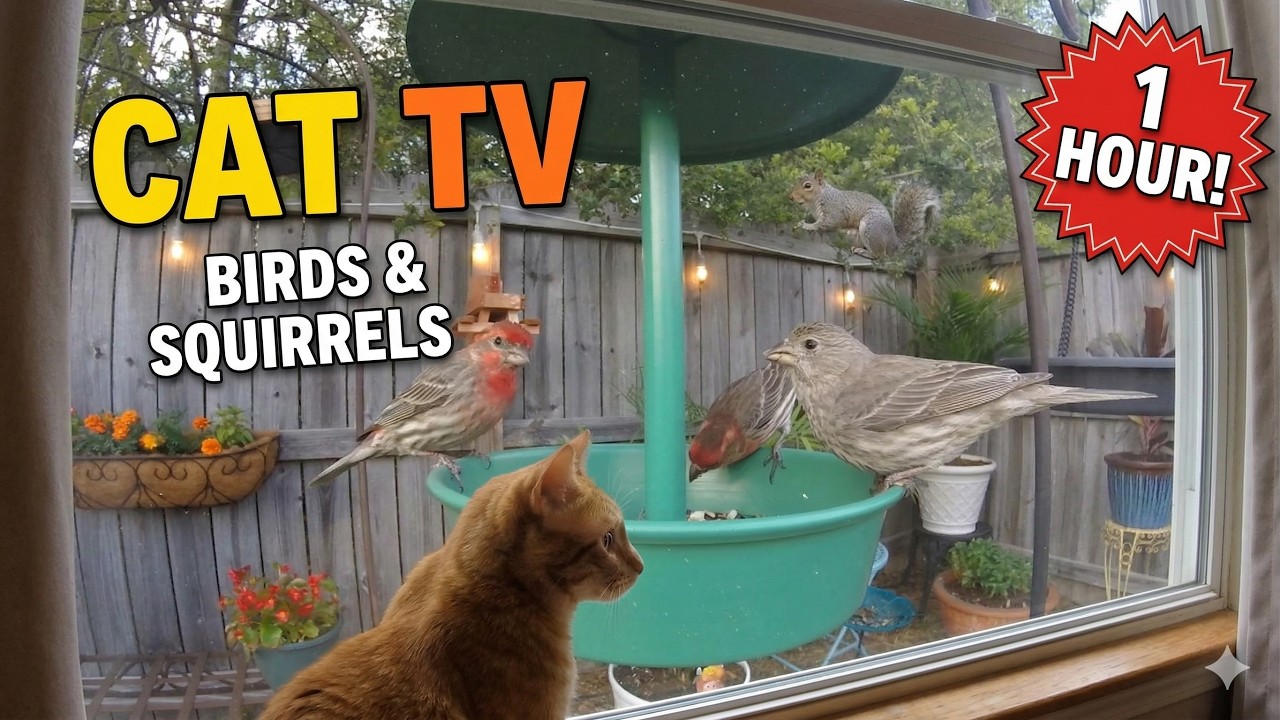 Relaxing Cat TV: 1 Hour Bird Feeder & Squirrels Video with Calming Piano