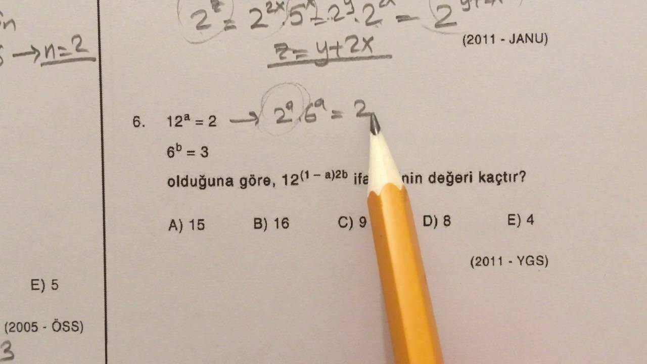 ösym sınavlarında çıkmış matematik soru çözümleri - üslü sayılar test 1/5