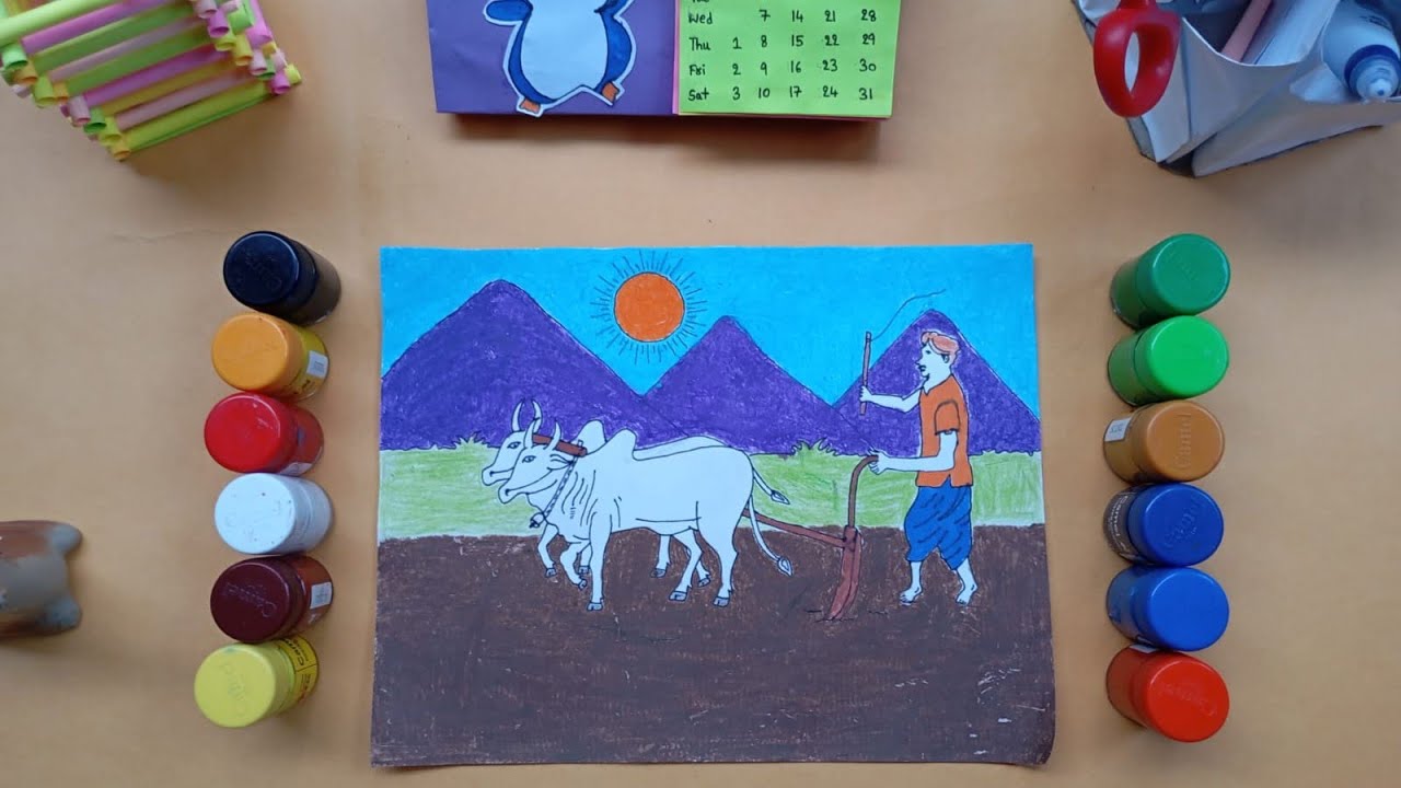 రైతు జీవితం ✍️ | Village Farming Drawing | Farmer Ploughing Field Art 