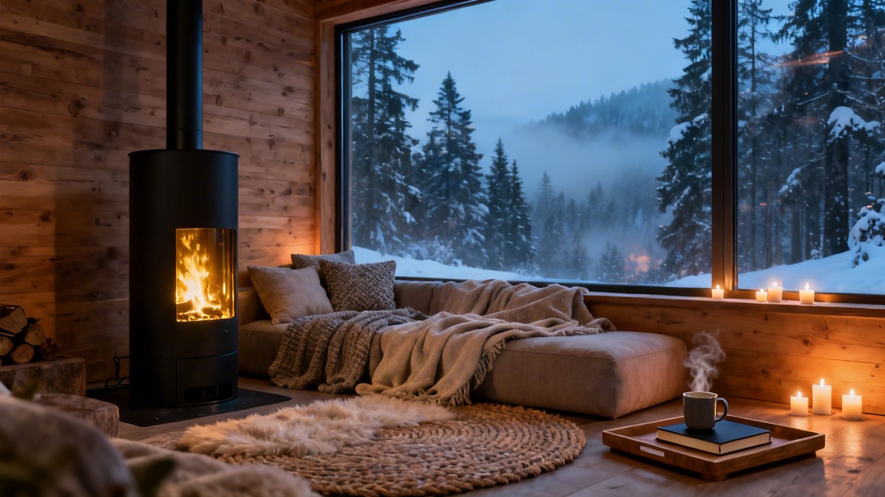 Tranquil Winter Cabin Living Room ❄️ Piano & Fireplace for Stress Relief