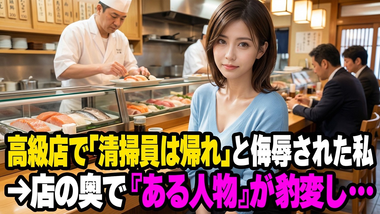 【感動する話】｢汚い手で寿司に触るな｣高級店で侮辱された清掃員の私｡ →直後､ 店の奥から現れた『意外な人物』の正体に一同驚愕…！
