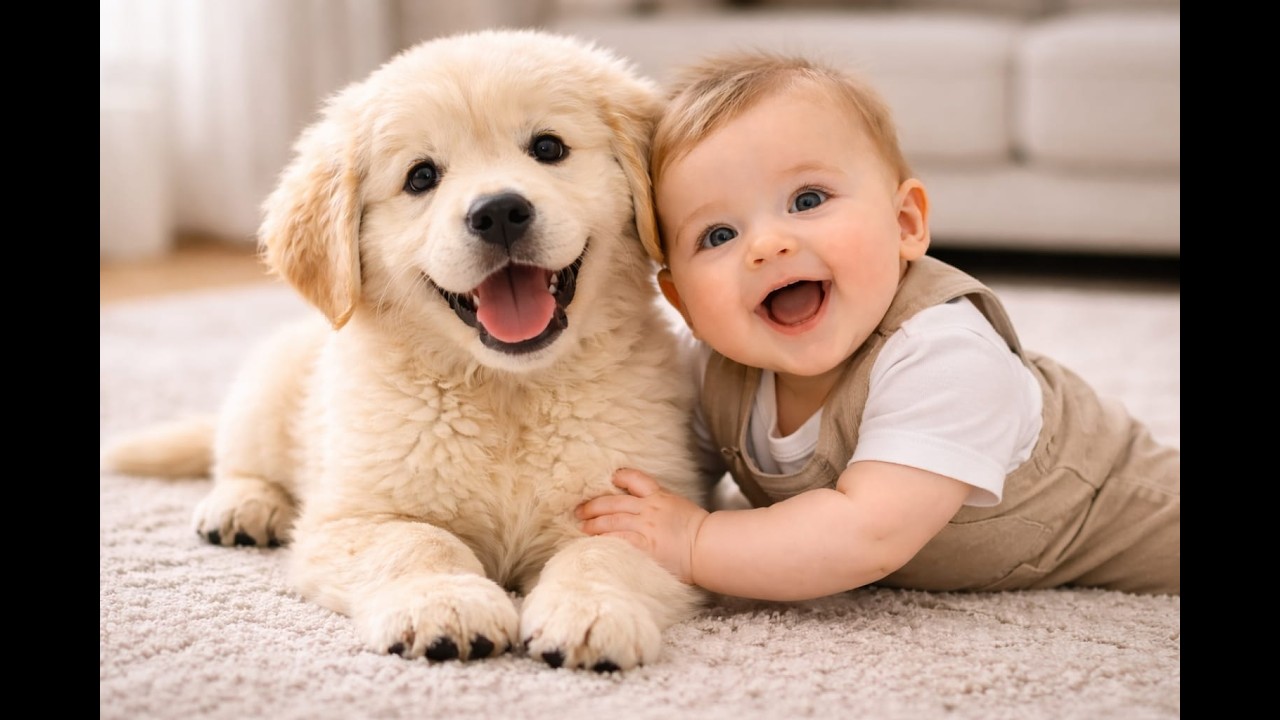 Baby and puppy rolling around in Happiness 🌸🐶