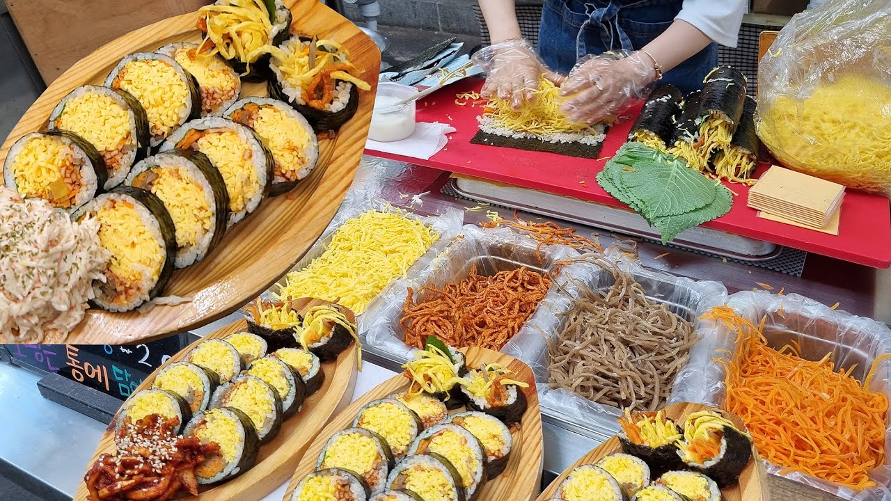 한평도 안되는 좌판이 바로 노다지! 김밥에 무슨 짓을 한거죠! 말기도 버겁다! 어른 팔뚝보다 굵은 단백질 폭발 산더미 계란 폭탄 김밥Korean foodstreet food