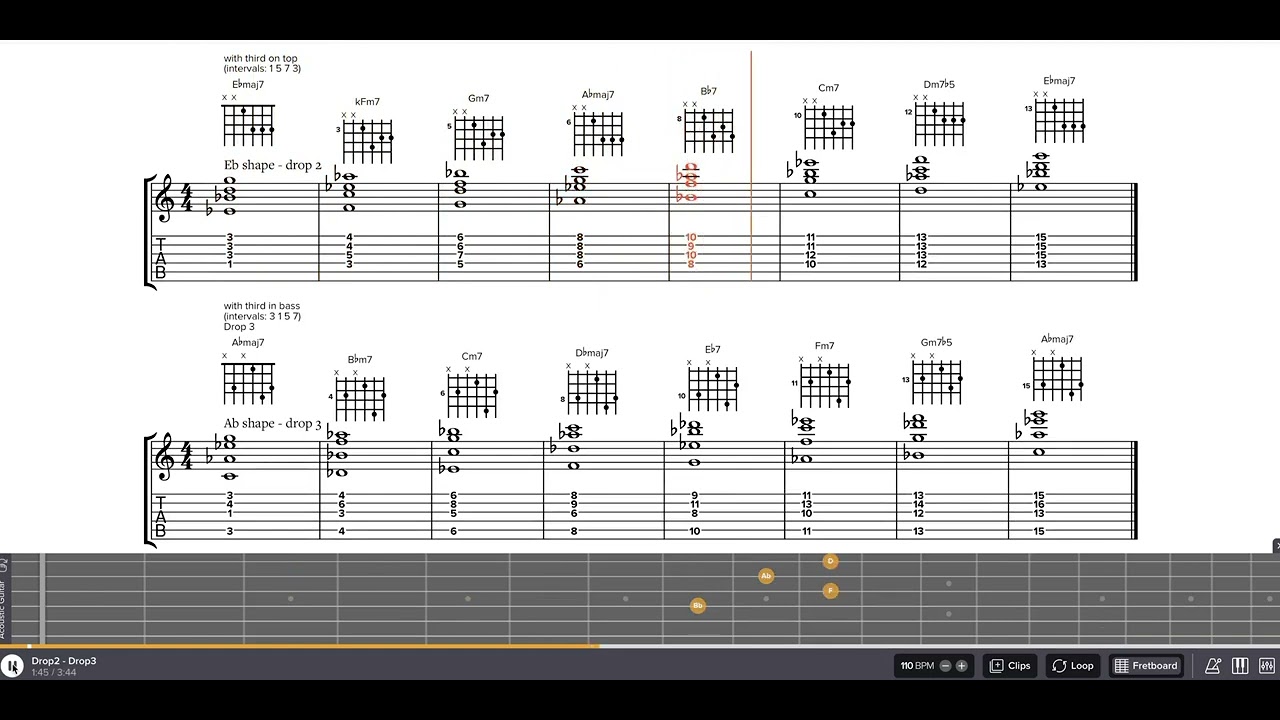 Diatonic drop2 and drop3 chords derived from the major scale