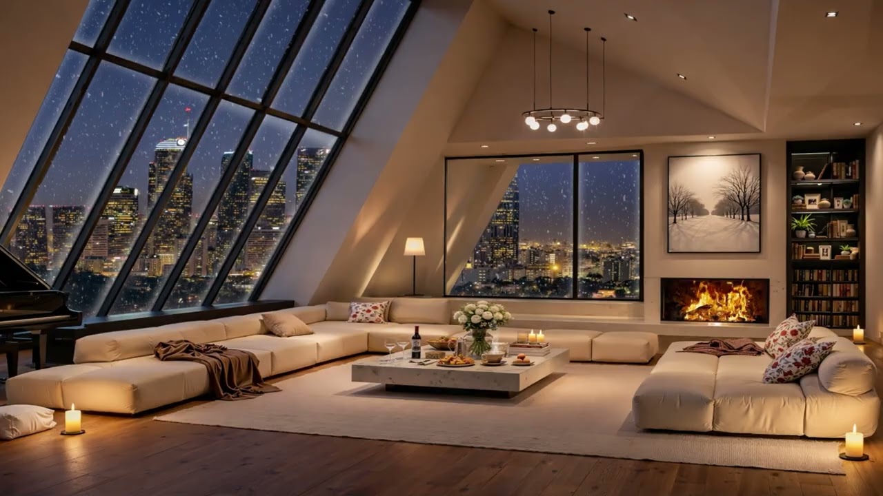 Relaxing Jazz Music in a Cozy Apartment 🌙 | Peaceful Night Ambience with Fireplace | 4K