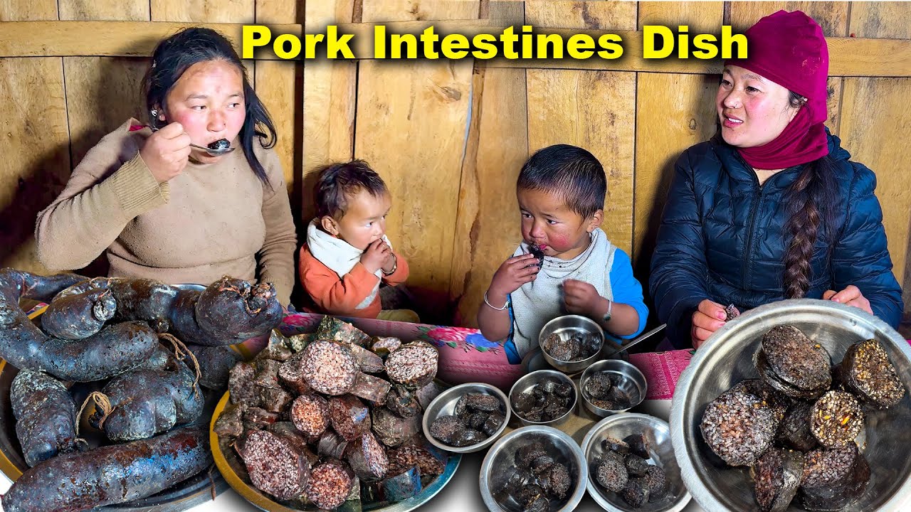 Dried Pork intestines Dish Recipe अस्तिको सुङ्गुरको आन्द्रा Rice, blood & intestines mix recipe