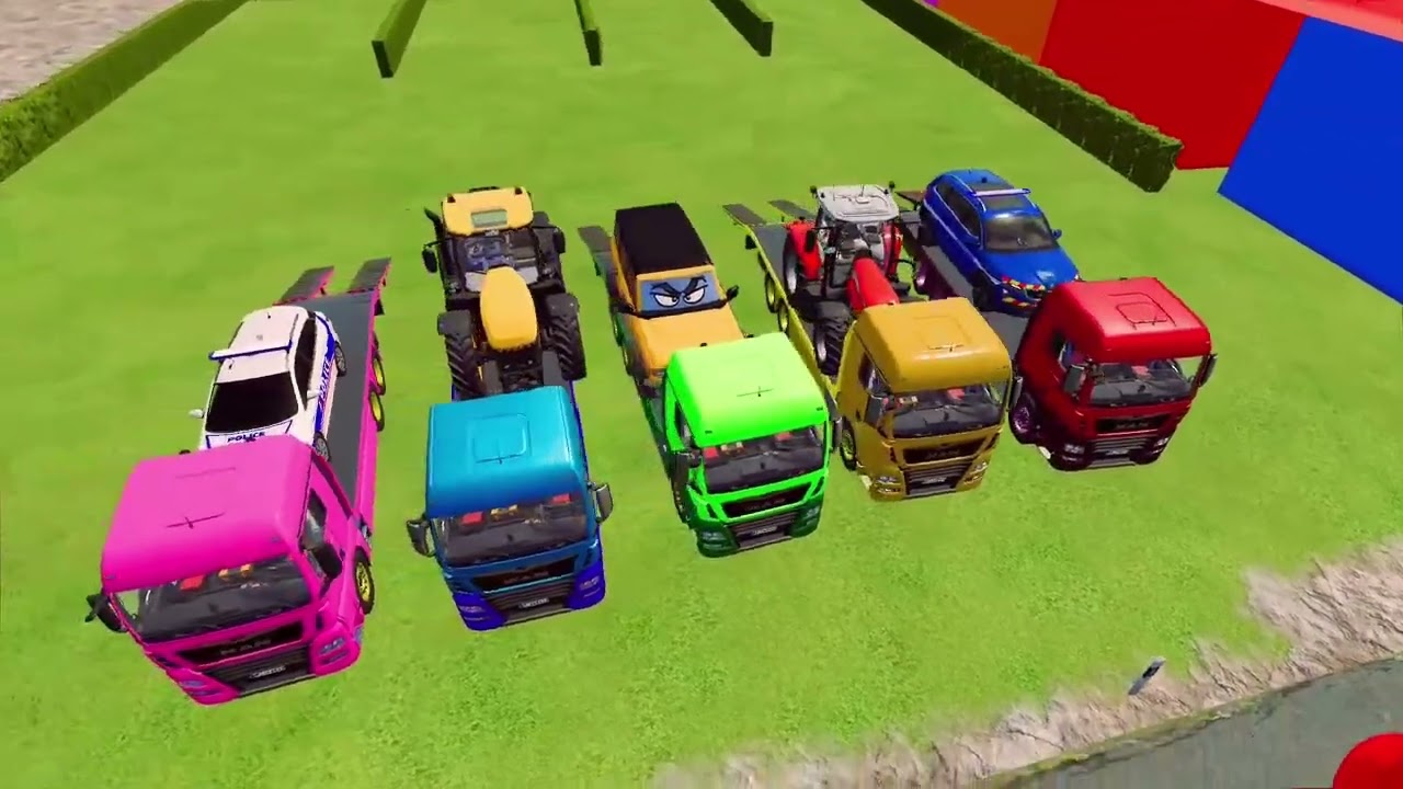 TRANSPORT BMW SCHOOL BUS & MINI HONDA TRACTOR w/ FLATBED TRAILER TO GARAGE! - BeamNG.dri