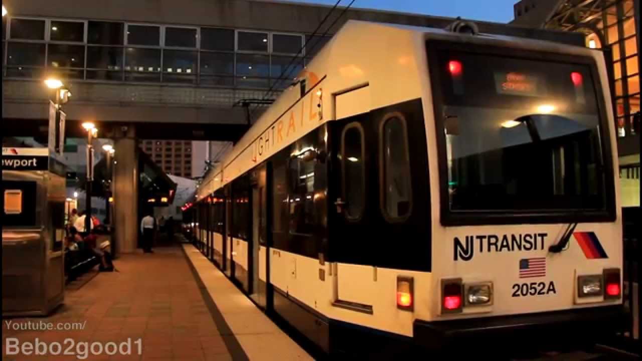 NJ Transit HBLR: Three LRT Trains at Pavonia / Newport Mall Station