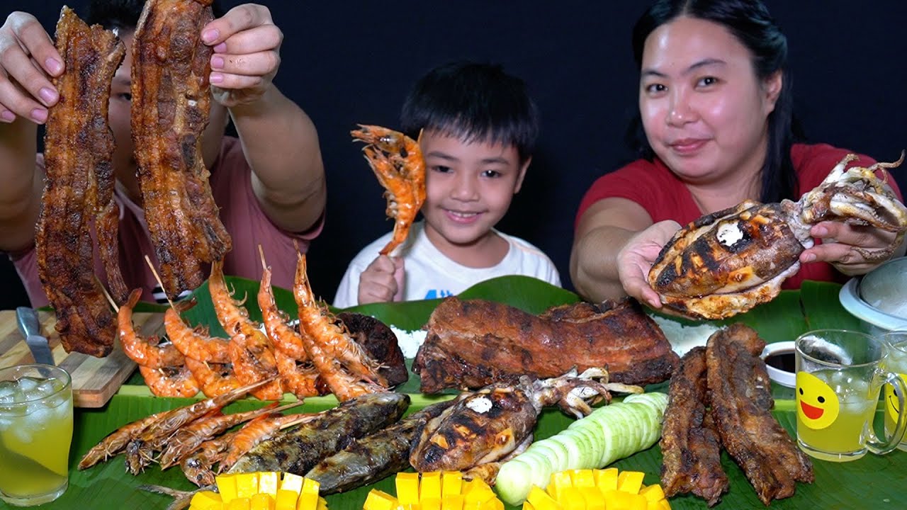 Inihaw na Pusit + Hipon + Isda + Pork Belly + Pork Ribs + Pork Liver Mukbang collab w/ @JUSTLAFAM