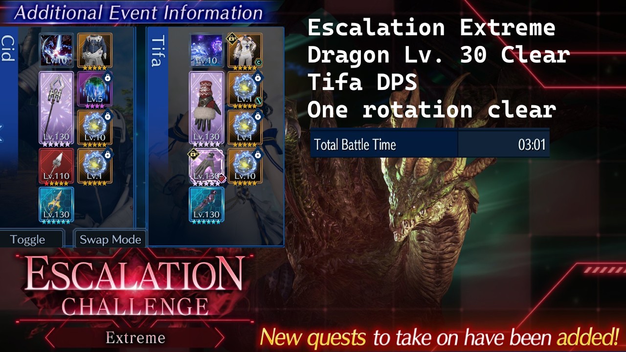 [FF7 Ever Crisis] Dragon Extreme Escalation Challenge Lv. 30/25 - Tifa physical ICE Clear!