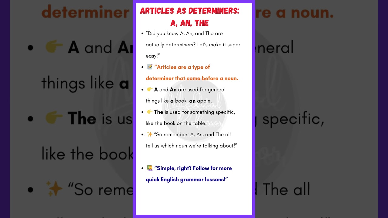 Articles as Determiners: A, An, The | Easy English Grammar Explanation