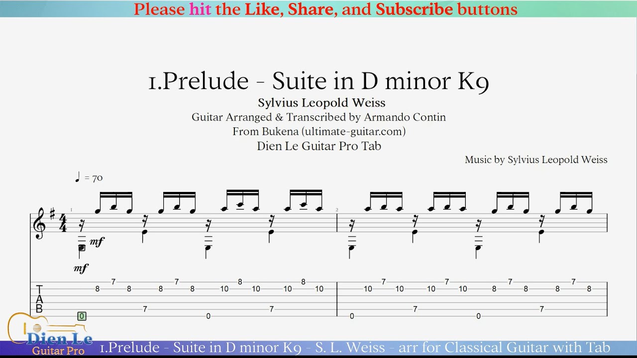 1.Prelude - Suite in D minor K9 - S. L. Weiss - arr for Classical Guitar with Tab