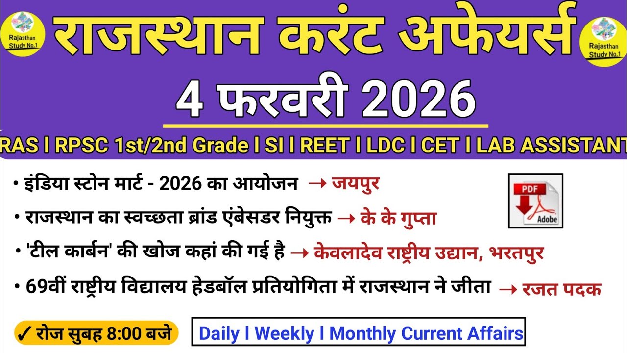 4 Febuary 2026 Rajasthan Current Affairs in hindi l Today Rajasthan Current Affairs l RAS l SI l LDC