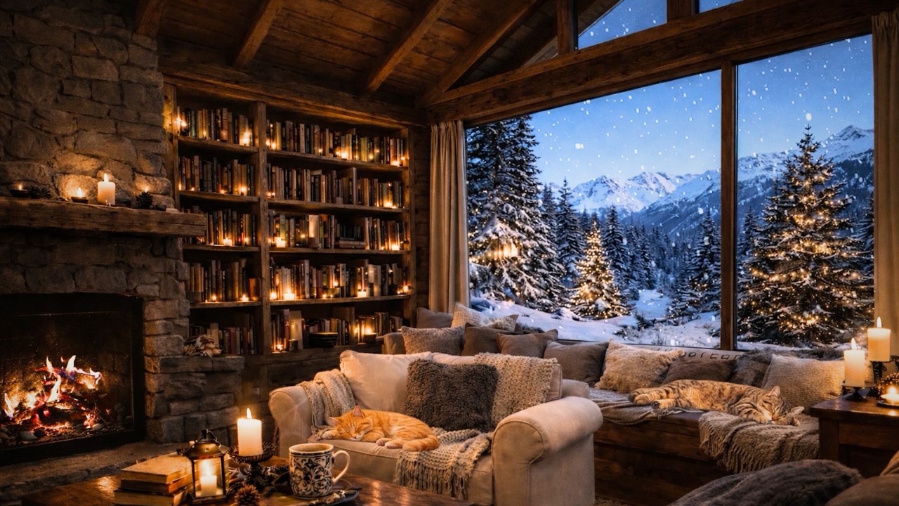 The Book Lovers' Cabin Where You Belong ❄️ | Crackling Fire, Soft Piano & Sleeping Cats 🐾