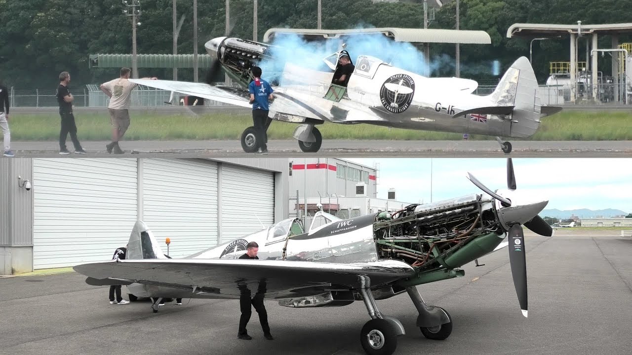 シルバースピットファイア「G-IRTY」「格納庫から引き出し、エンジン始動、試運転」名古屋空港 2019/10/11 &rdquo;Silver Spitfire engine test run.&rdquo;