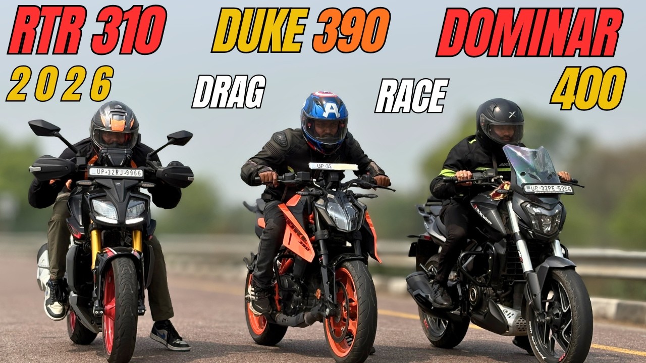 2026 Duke390 vs Dominar400 vs Apache RTR310 Drag Race | Triple Battle | The UP46 Rider |