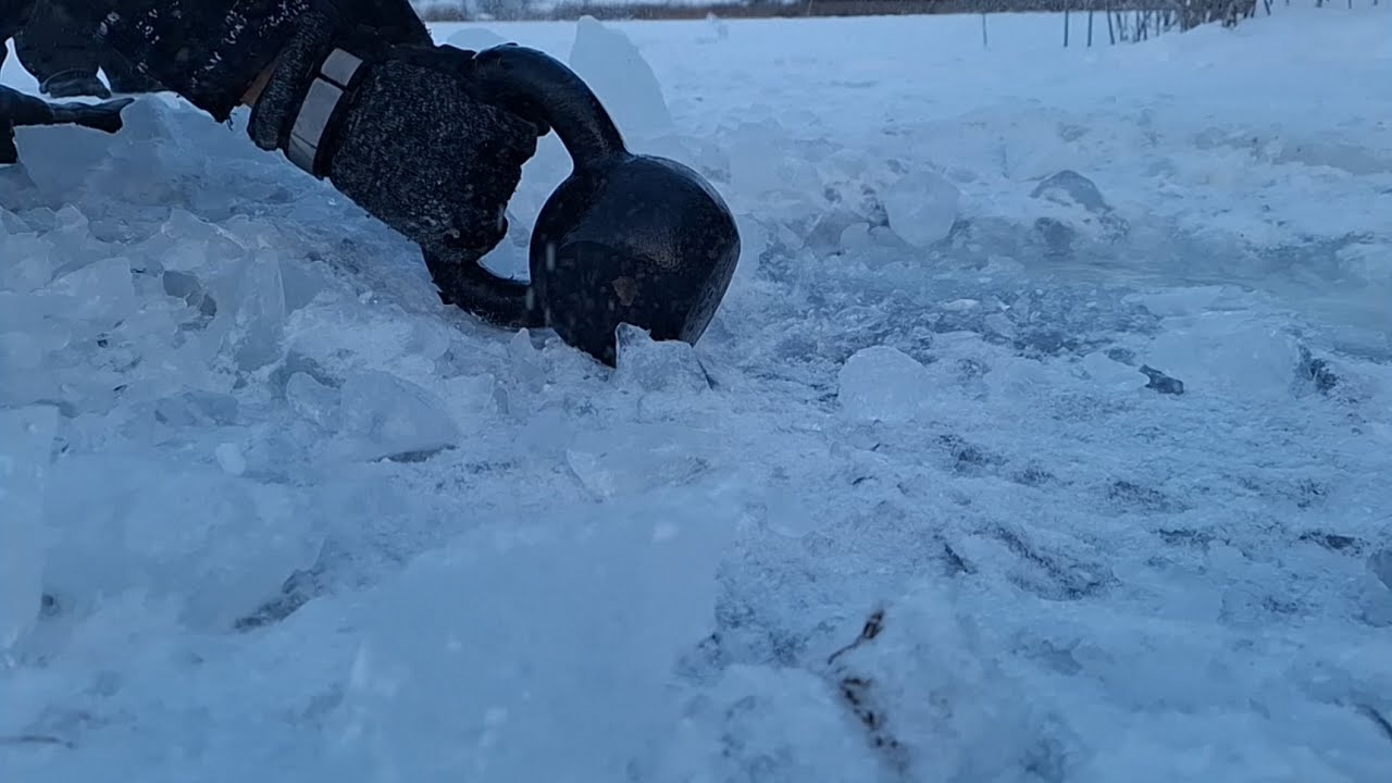 Kettlebell vs 4.8 inches ice making hole in 5 minutes